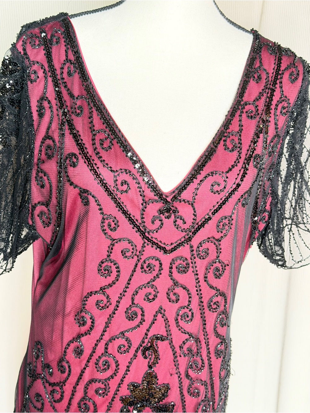 BABEYOND XXL Black Beaded Fringe Flapper Dress Raspberry Pink Art Deco Gatsby - Picture 7 of 13